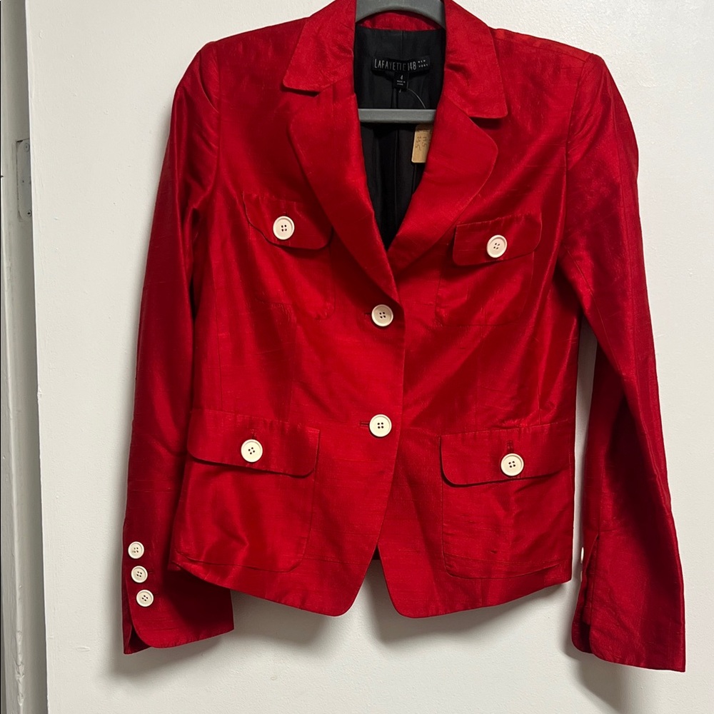 Lafayette 148 Vibrant Red Raw Silk Shantung Blazer with White Buttons Small